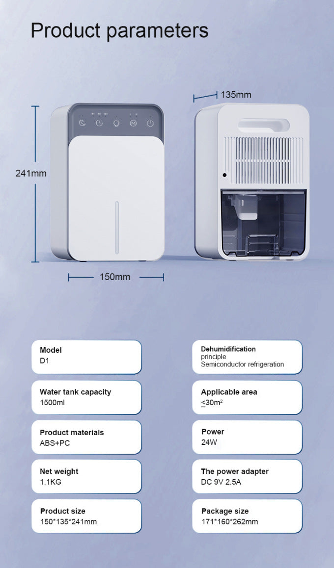 Deshumidificador de aire inteligente de 1500ML, Mini deshumidificador silencioso portátil para dormitorio, oficina, absorción de humedad silenciosa, pequeño deshumidificador