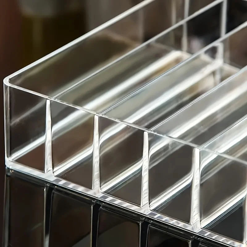 Organizador de maquillaje de plástico transparente con 7 compartimentos, soporte para lápiz labial y sombra de ojos, bandeja de almacenamiento de cosméticos para artículos esenciales de baño