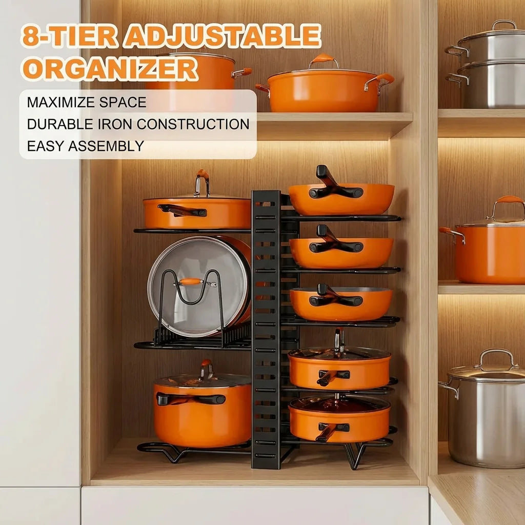 Organizador de Ollas de 8 Niveles - Soporte Metálico Resistente que Ahorra Espacio para Sartenes, Ollas y Tapas, Almacenamiento de Cocina Ordenado y Elegante