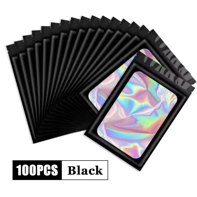 100 Uds. Bolsas holográficas resellables Mylar Ziplock Candy Suger Tee joyería bolsa de almacenamiento de belleza muestra joyería embalaje plástico Pou