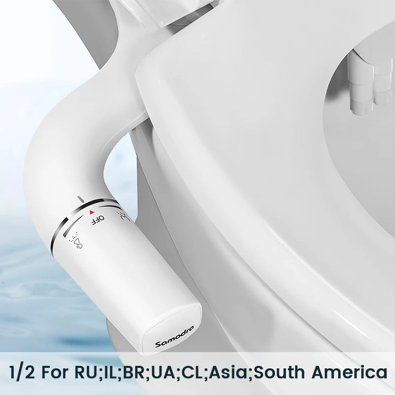 Bidet SAMODRA Ultra-Delgado, Bidet Minimalista para Inodoro con Doble Boquilla (Lavado Frontal y Trasero) Presión de Agua Ajustable, Attachment de Asiento para Inodoro con Agua Fresca, Fácil de Instalar.