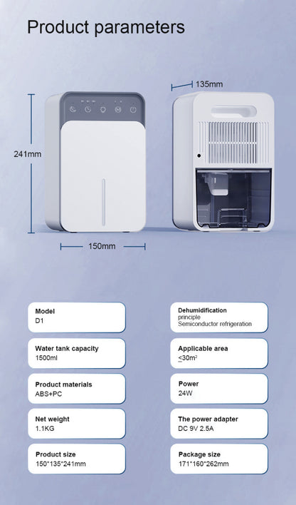 Deshumidificador de aire inteligente de 1500ML, Mini deshumidificador silencioso portátil para dormitorio, oficina, absorción de humedad silenciosa, pequeño deshumidificador