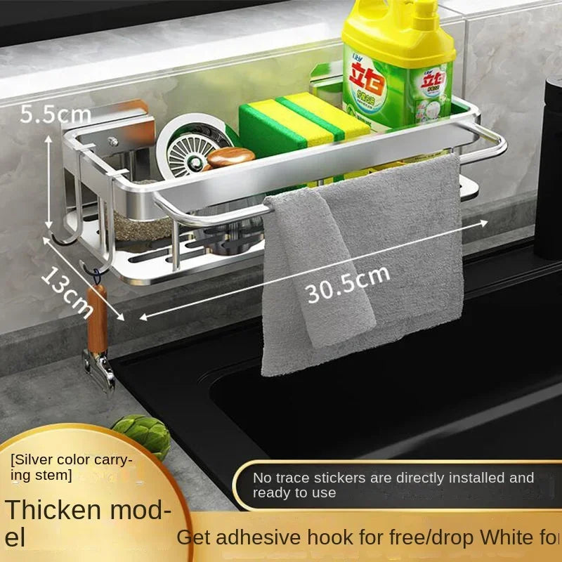Soporte para fregadero de cocina, estante de almacenamiento de aluminio grueso para toalla y esponja, cesta organizadora de drenaje, estantes de baño