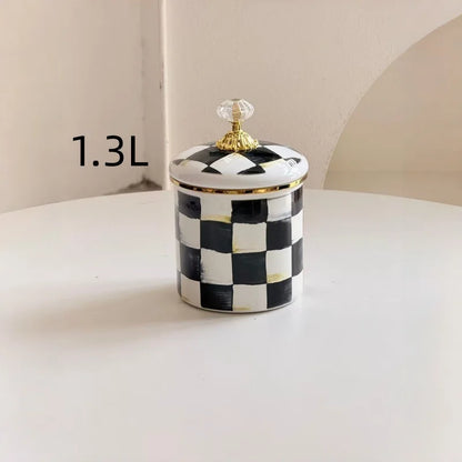 Tarro de almacenamiento clásico Retro europeo, adorno de tablero de ajedrez, contenedores de cocina esmaltados de porcelana, tarros de almacenamiento de azúcar para té y café