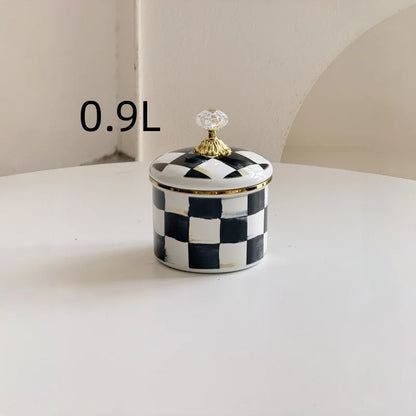 Tarro de almacenamiento clásico Retro europeo, adorno de tablero de ajedrez, contenedores de cocina esmaltados de porcelana, tarros de almacenamiento de azúcar para té y café
