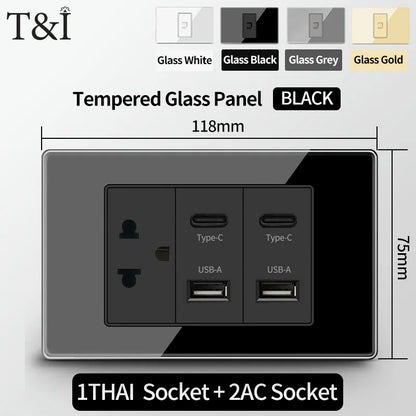 T&I US Standard 118 Toma de pared con interruptor, panel de vidrio templado, puertos de carga USB y tipo C