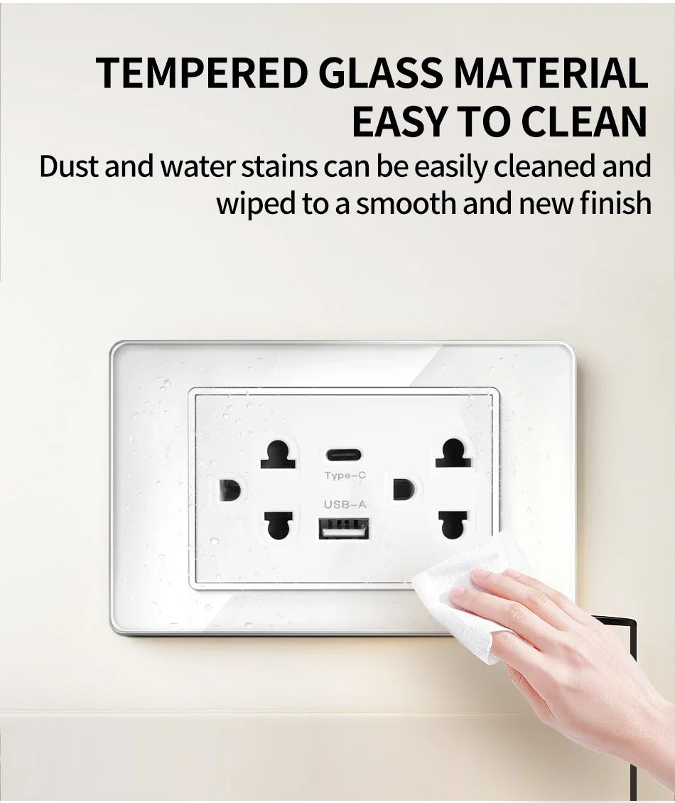 T&I US Standard 118 Toma de pared con interruptor, panel de vidrio templado, puertos de carga USB y tipo C