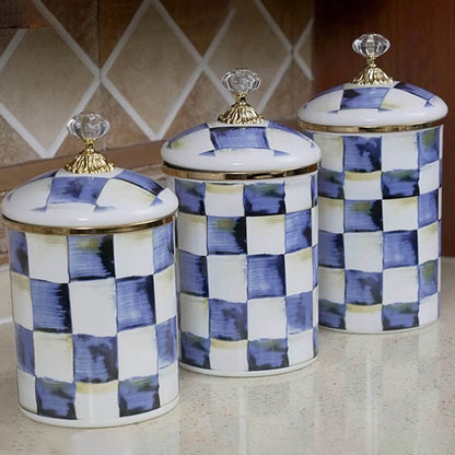 Tarro de almacenamiento clásico Retro europeo, adorno de tablero de ajedrez, contenedores de cocina esmaltados de porcelana, tarros de almacenamiento de azúcar para té y café