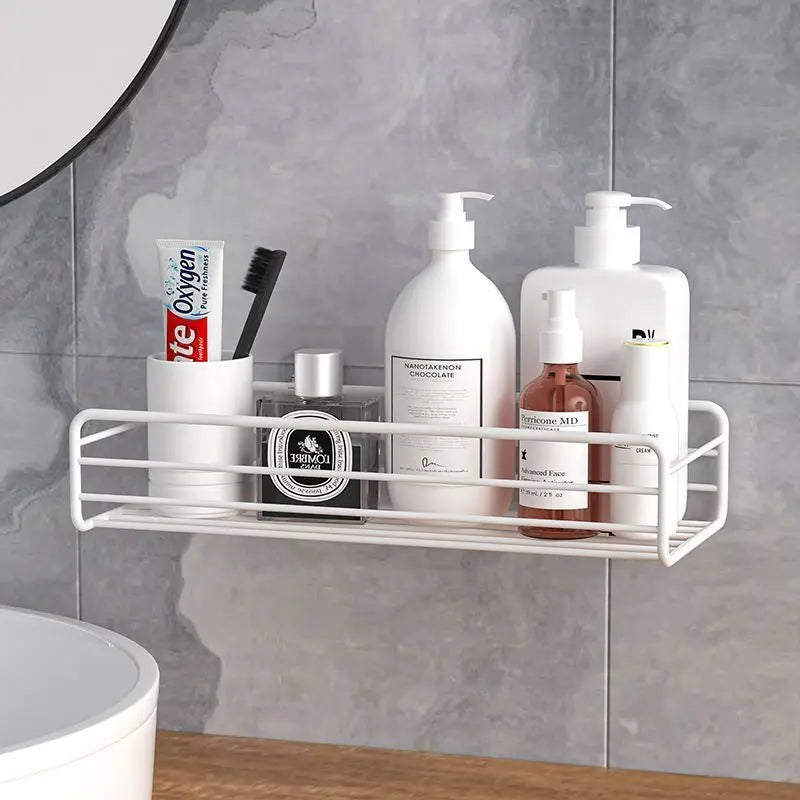 Estante de almacenamiento para baño, organizador de cocina, estantes negros, marco de esquina, perforador de ducha de hierro, estante de Caddy montado gratis