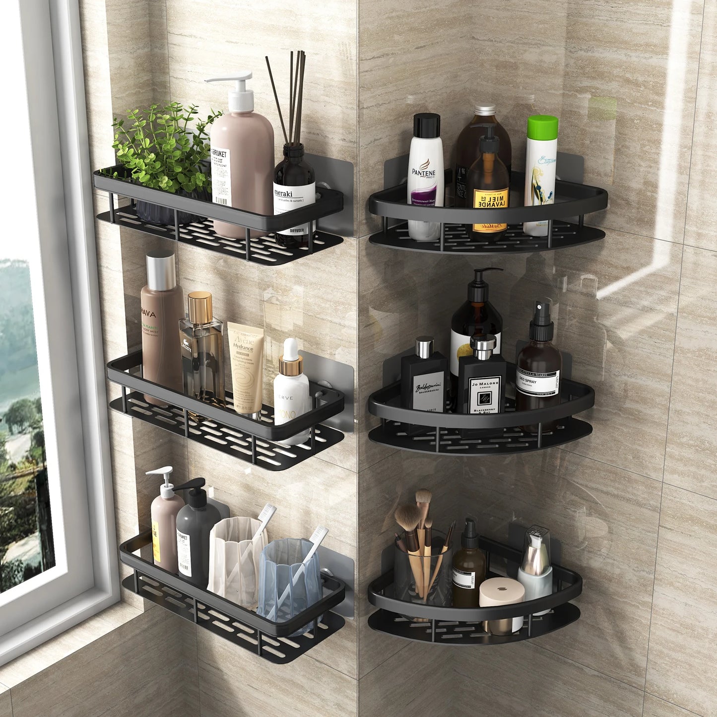 Estante de baño Sin taladro Aleación de aluminio Estante de almacenamiento de champú Montado en la pared Estantes de esquina para ducha de inodoro Accesorios de baño