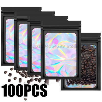 100 Uds. Bolsas holográficas resellables Mylar Ziplock Candy Suger Tee joyería bolsa de almacenamiento de belleza muestra joyería embalaje plástico Pou