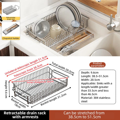 Escurridor de fregadero de cocina de acero inoxidable, estante de secado de platos expandible, soporte de almacenamiento para cuencos de frutas y verduras, organizar utensilios de cocina