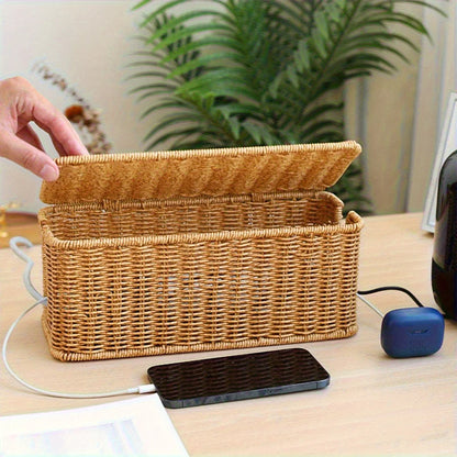 Caja eléctrica de ratán tejida a mano: material PE duradero, con tapa, con diseño de estilo rural rural, múltiples espacios de almacenamiento
