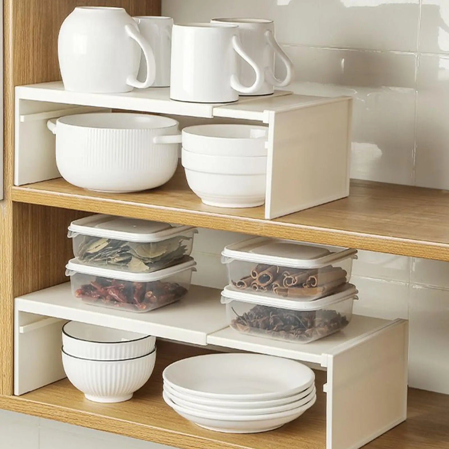 Estante de gabinete extensible, ahorro de espacio, estante en capas apilable, antideslizante, ligero, resistente, accesorios de almacenamiento de cocina