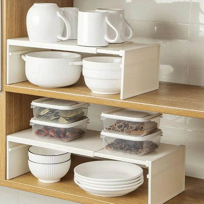 Estante de gabinete extensible, ahorro de espacio, estante en capas apilable, antideslizante, ligero, resistente, accesorios de almacenamiento de cocina
