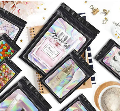 100 Uds. Bolsas holográficas resellables Mylar Ziplock Candy Suger Tee joyería bolsa de almacenamiento de belleza muestra joyería embalaje plástico Pou