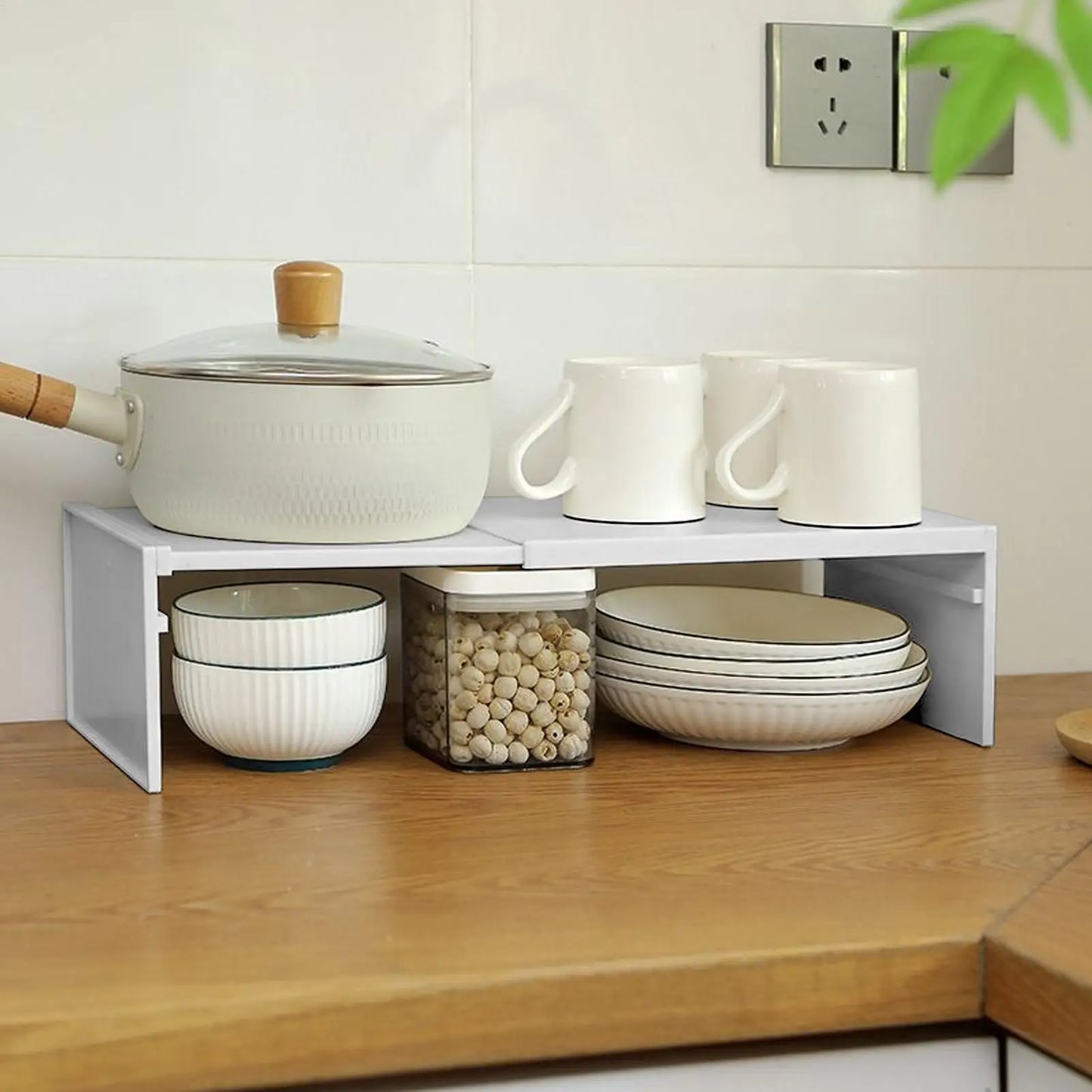 Estante de gabinete extensible, ahorro de espacio, estante en capas apilable, antideslizante, ligero, resistente, accesorios de almacenamiento de cocina