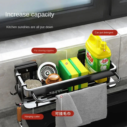 Soporte para fregadero de cocina, estante de almacenamiento de aluminio grueso para toalla y esponja, cesta organizadora de drenaje, estantes de baño