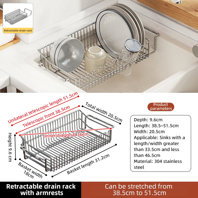 Escurridor de fregadero de cocina de acero inoxidable, estante de secado de platos expandible, soporte de almacenamiento para cuencos de frutas y verduras, organizar utensilios de cocina