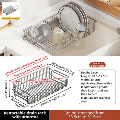 Escurridor de fregadero de cocina de acero inoxidable, estante de secado de platos expandible, soporte de almacenamiento para cuencos de frutas y verduras, organizar utensilios de cocina
