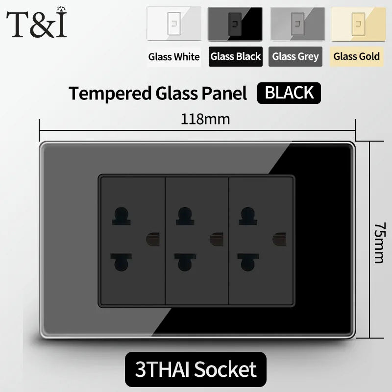 T&I US Standard 118 Toma de pared con interruptor, panel de vidrio templado, puertos de carga USB y tipo C