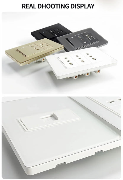 T&I US Standard 118 Toma de pared con interruptor, panel de vidrio templado, puertos de carga USB y tipo C