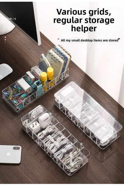 Caja de almacenamiento de cables de datos de plástico transparente, cable doméstico, cargador de teléfono móvil, Cable de carga, caja de acabado, caja de rejilla dividida