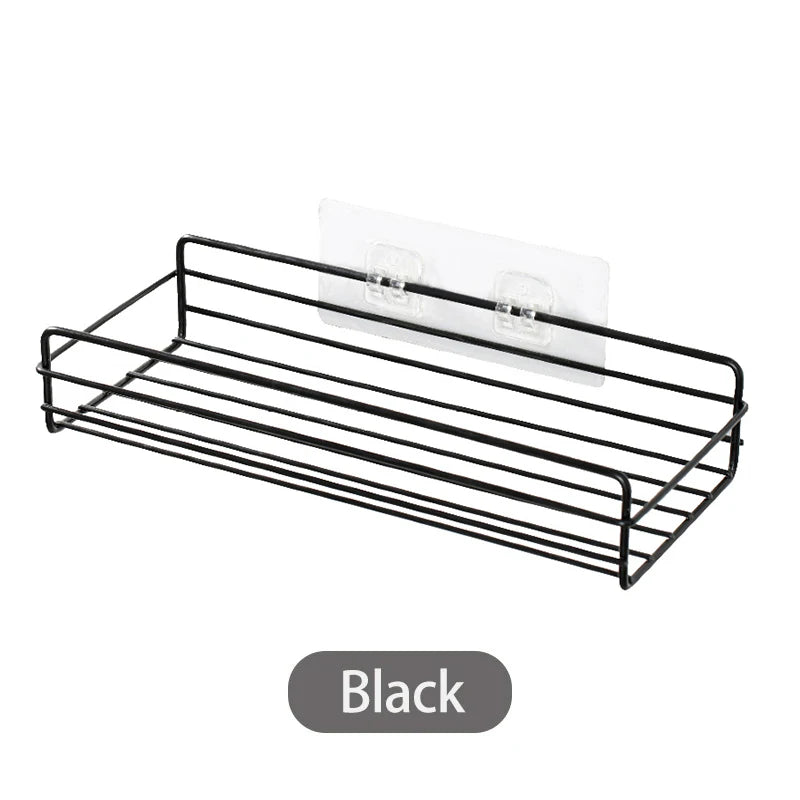 Estante de almacenamiento para baño, organizador de cocina, estantes negros, marco de esquina, perforador de ducha de hierro, estante de Caddy montado gratis