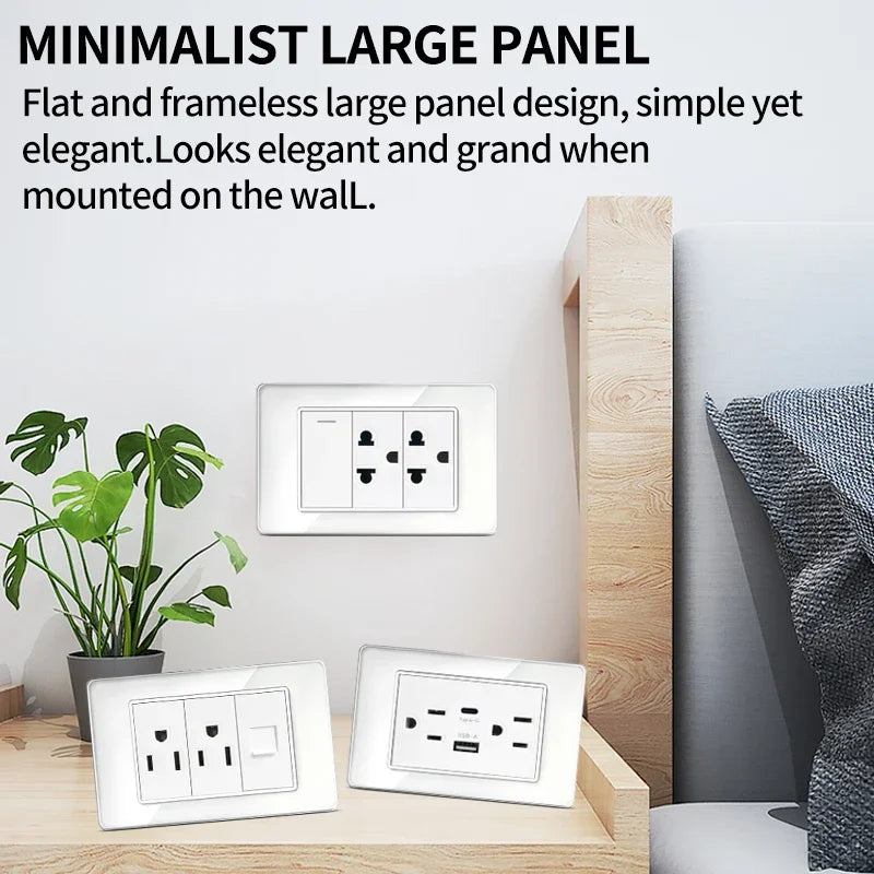 T&I US Standard 118 Toma de pared con interruptor, panel de vidrio templado, puertos de carga USB y tipo C