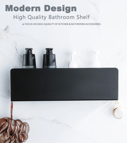 Estante organizador de baño negro con ganchos, estantes de decoración de cocina de aluminio en pared, estante de almacenamiento para ducha, montaje en pared