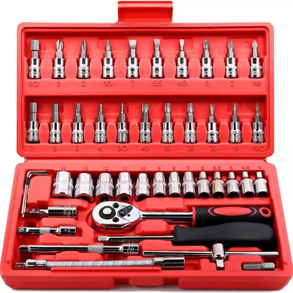 Juego de reparación de enchufes montados en vehículo, mantenimiento automotriz, herramientas familiares, venta de fábrica, combinación de reparación de automóviles, caja de herramientas con llave de trinquete, 46 piezas