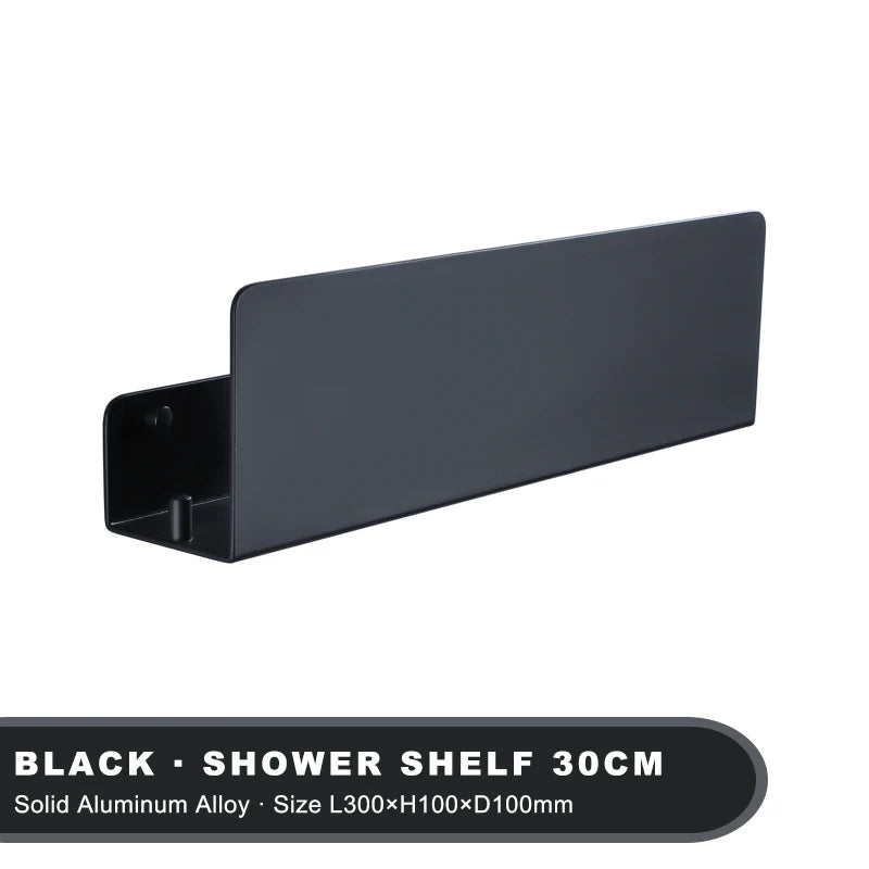 Estante organizador de baño negro con ganchos, estantes de decoración de cocina de aluminio en pared, estante de almacenamiento para ducha, montaje en pared