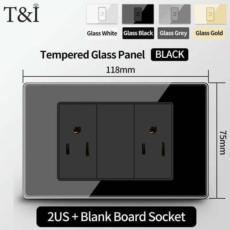 T&I US Standard 118 Toma de pared con interruptor, panel de vidrio templado, puertos de carga USB y tipo C
