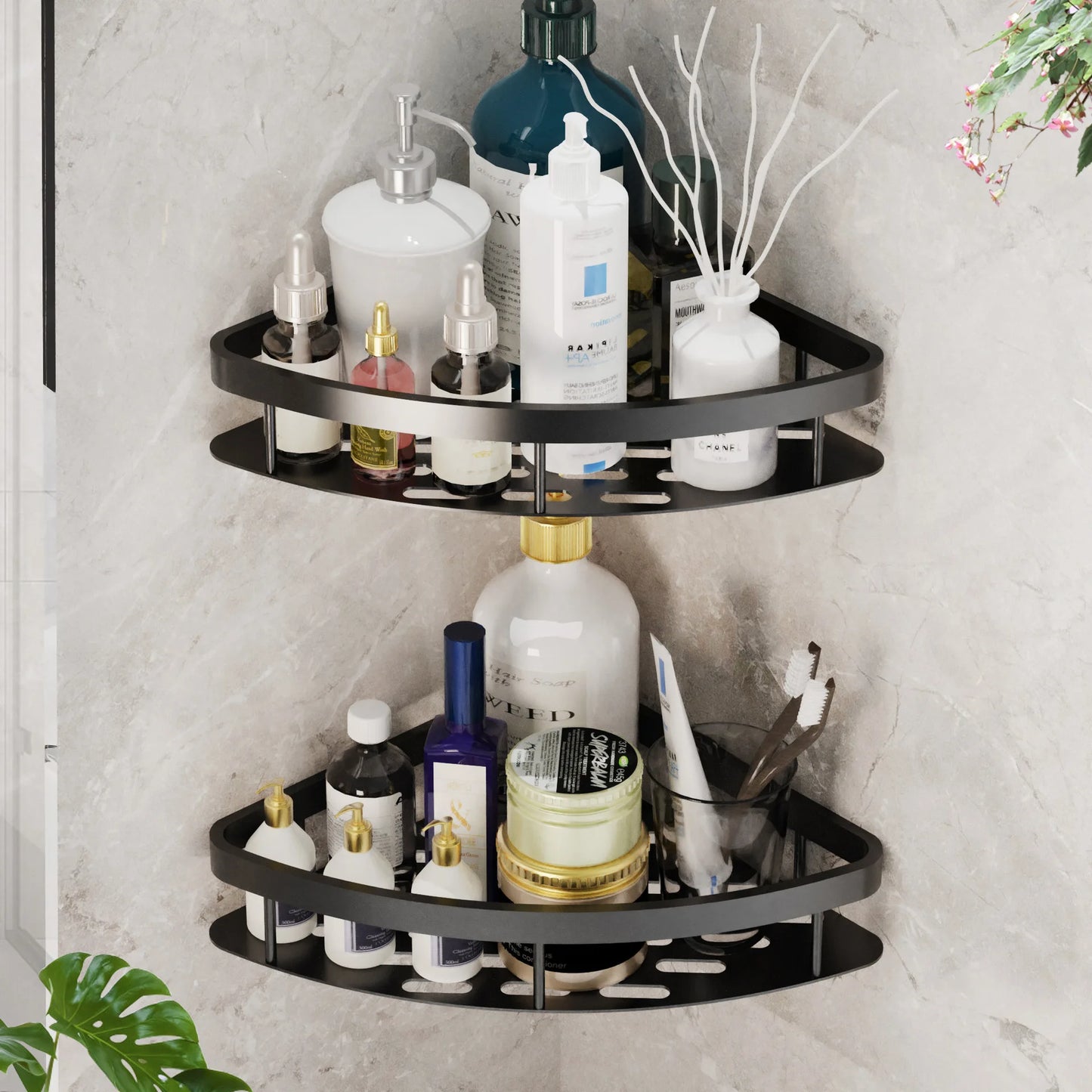 Estante de baño Sin taladro Aleación de aluminio Estante de almacenamiento de champú Montado en la pared Estantes de esquina para ducha de inodoro Accesorios de baño