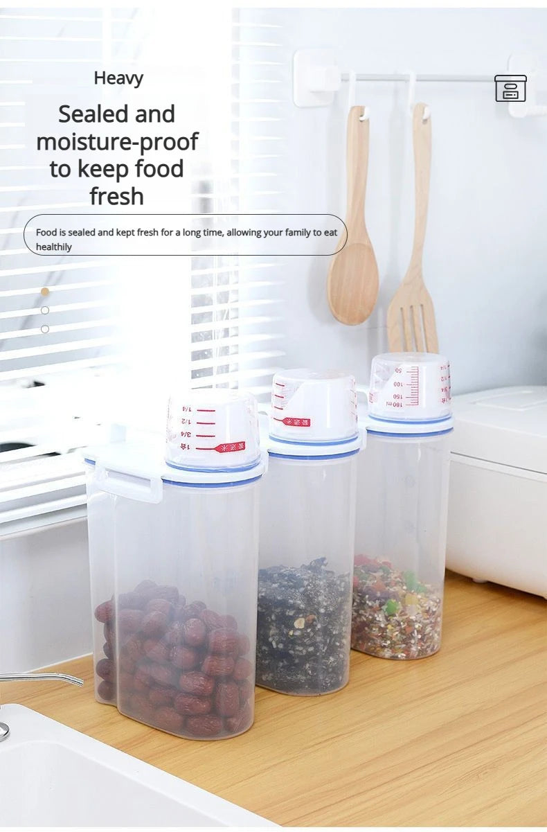 Contenedor de Arroz de 2.3L con Taza Medidora, Dispensador de Arroz de Plástico Libre de BPA, Recipiente de Almacenamiento de Alimentos para Cocina y Despensa para Avena y Harina