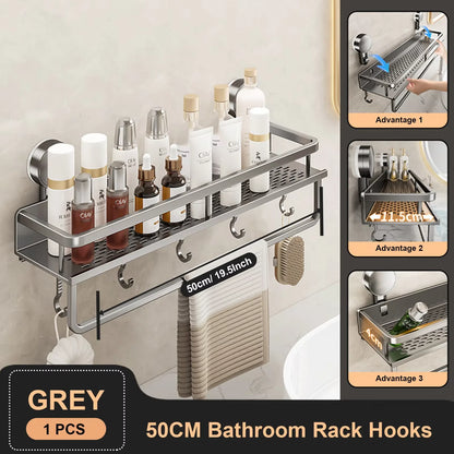 Estante de baño con ventosa de aluminio espacial, estante de almacenamiento para ducha de montaje en pared sin perforaciones, gran capacidad, soporte de carga fuerte
