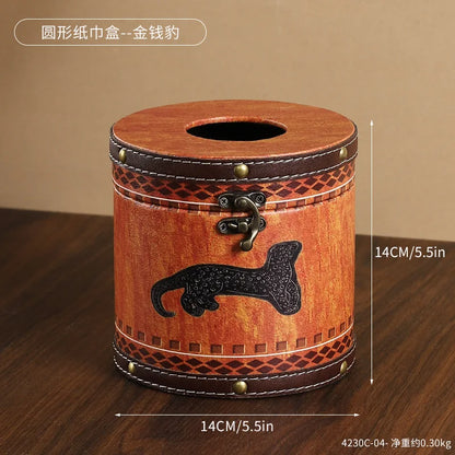 Caja de pañuelos estilo chino Guofeng, caja circular de cuero con cajón, estilo de lujo ligero, caja de servilletas adecuada para el hogar, sala de estar, dormitorio