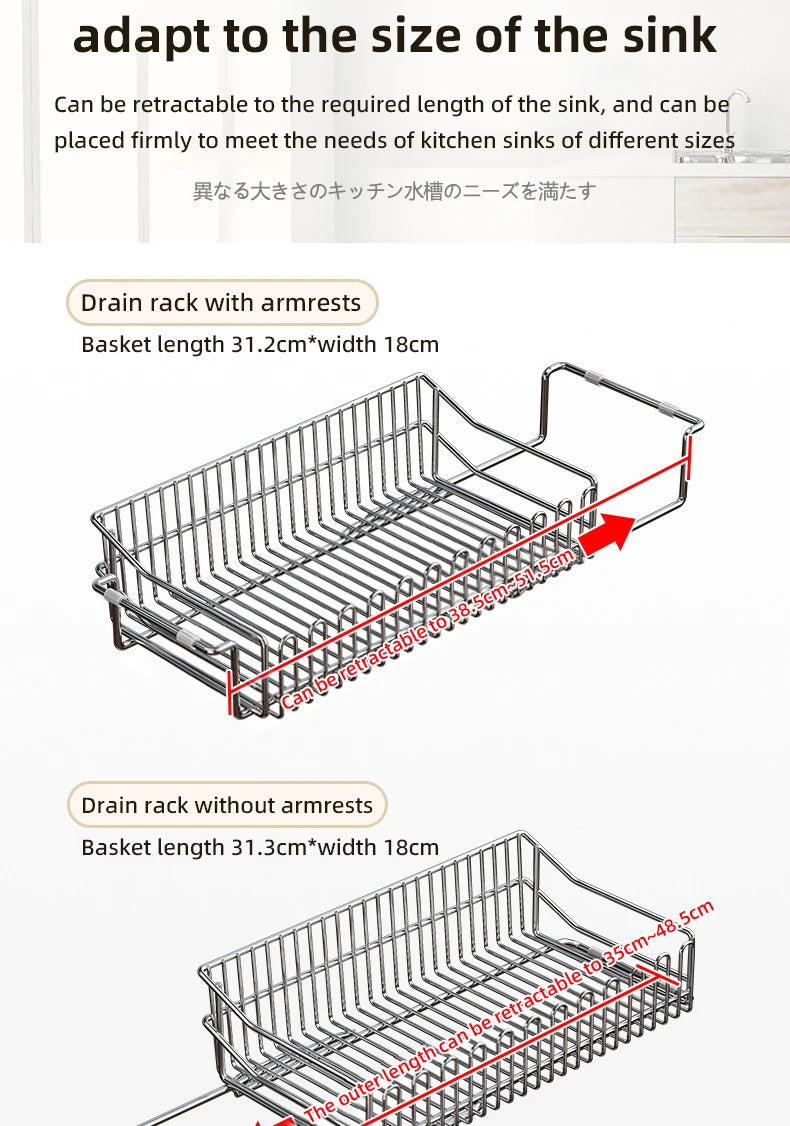 Escurridor de fregadero de cocina de acero inoxidable, estante de secado de platos expandible, soporte de almacenamiento para cuencos de frutas y verduras, organizar utensilios de cocina