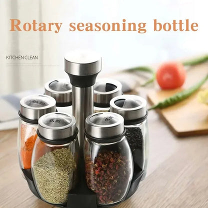 Juego de botellas de especias giratorias para cocina, Material de vidrio, condimentos, sal, azúcar, pimienta, botella de almacenamiento de condimentos, estante de especias de cocina