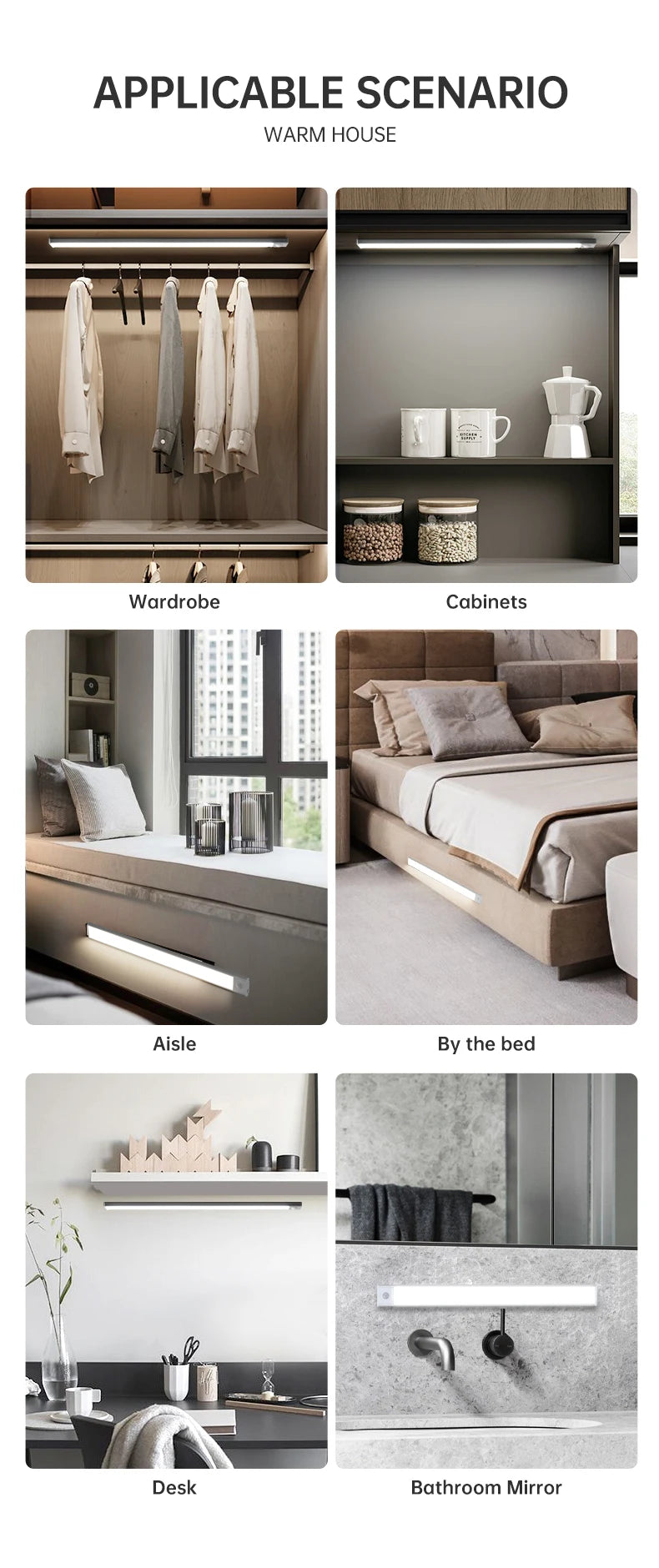 Luz LED con Sensor de movimiento, luz nocturna inalámbrica USB para debajo del gabinete, cocina, dormitorio, armario, Sensor, iluminación interior