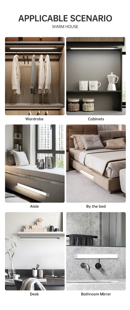 Luz LED con Sensor de movimiento, luz nocturna inalámbrica USB para debajo del gabinete, cocina, dormitorio, armario, Sensor, iluminación interior