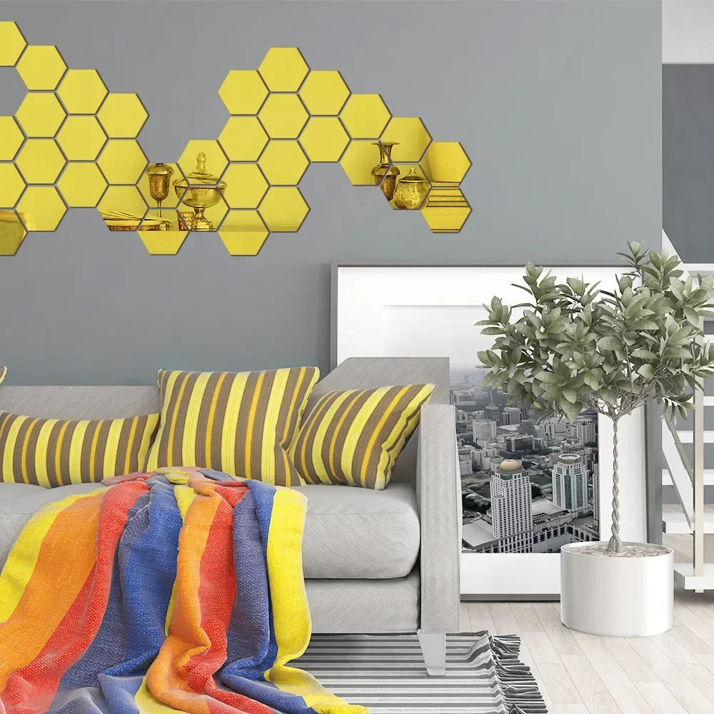Hexágono acrílico 3D espejo pegatina de pared decoración del hogar DIY autoadhesivo espejo calcomanía decoración pegatinas arte decoración de pared grande 6/12 piezas