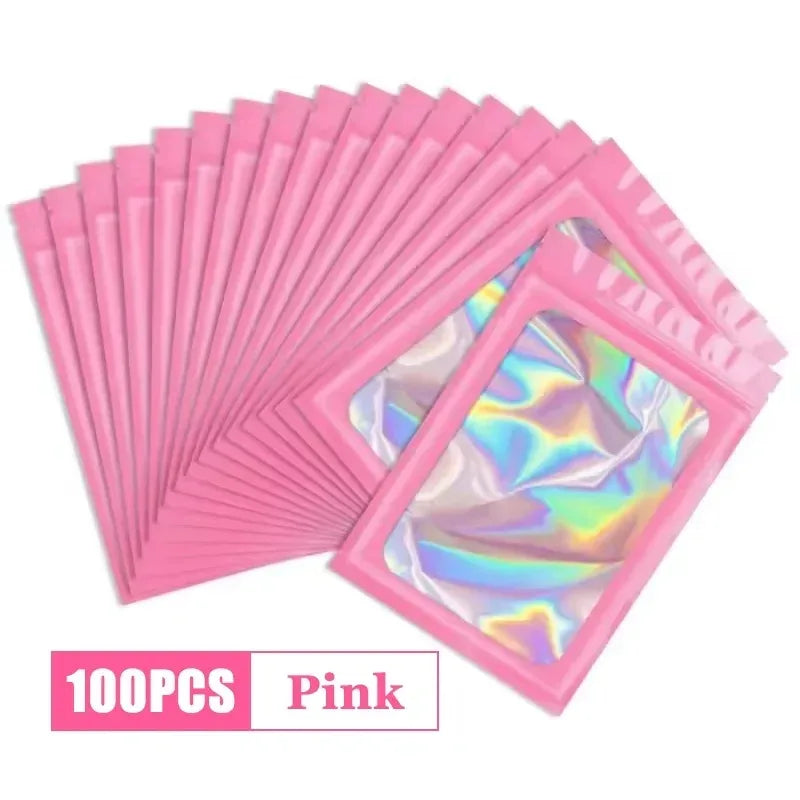 100 Uds. Bolsas holográficas resellables Mylar Ziplock Candy Suger Tee joyería bolsa de almacenamiento de belleza muestra joyería embalaje plástico Pou