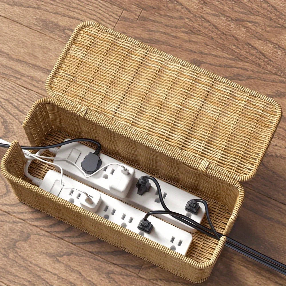 Caja eléctrica de ratán tejida a mano: material PE duradero, con tapa, con diseño de estilo rural rural, múltiples espacios de almacenamiento