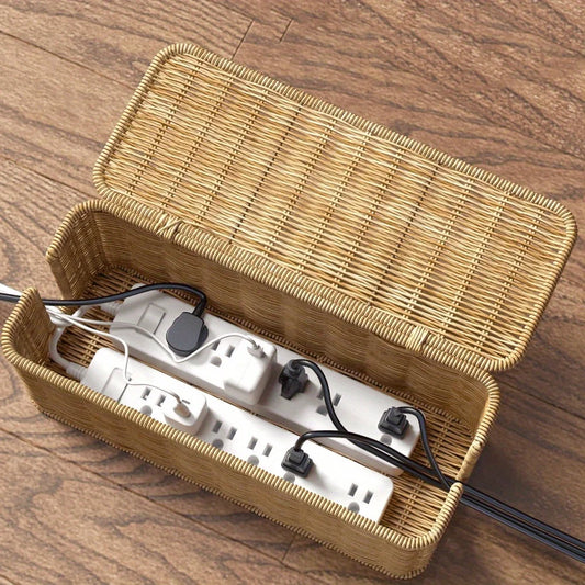Caja eléctrica de ratán tejida a mano: material PE duradero, con tapa, con diseño de estilo rural rural, múltiples espacios de almacenamiento