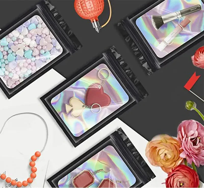 100 Uds. Bolsas holográficas resellables Mylar Ziplock Candy Suger Tee joyería bolsa de almacenamiento de belleza muestra joyería embalaje plástico Pou