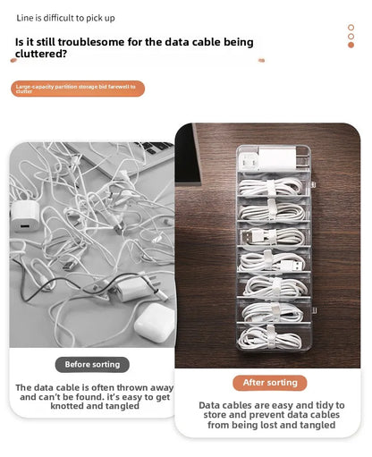 Caja de almacenamiento de cables de datos de plástico transparente, cable doméstico, cargador de teléfono móvil, Cable de carga, caja de acabado, caja de rejilla dividida