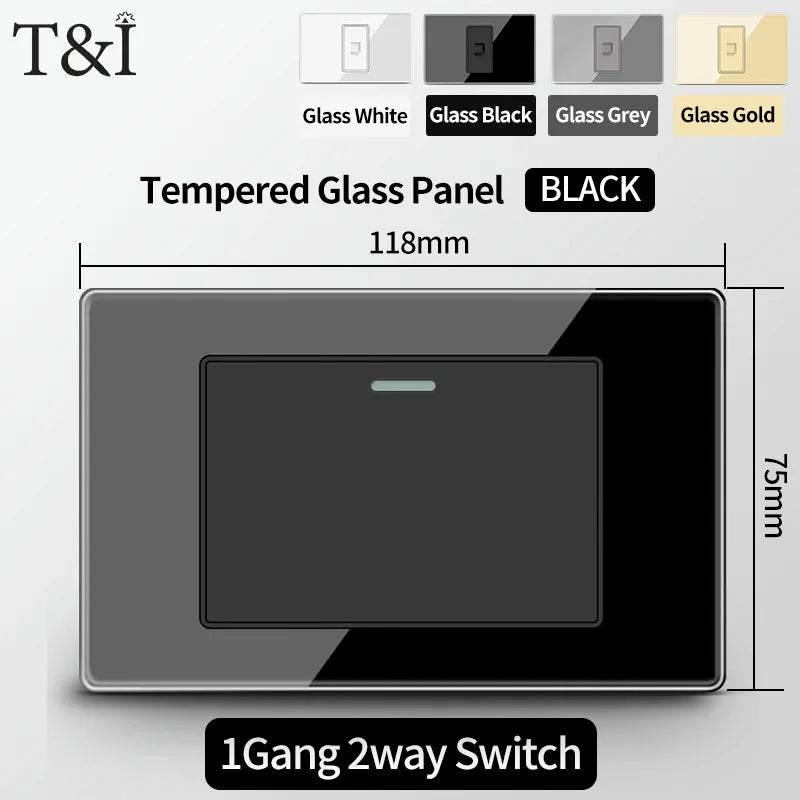 T&I US Standard 118 Toma de pared con interruptor, panel de vidrio templado, puertos de carga USB y tipo C