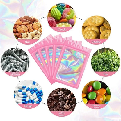 100 Uds. Bolsas holográficas resellables Mylar Ziplock Candy Suger Tee joyería bolsa de almacenamiento de belleza muestra joyería embalaje plástico Pou