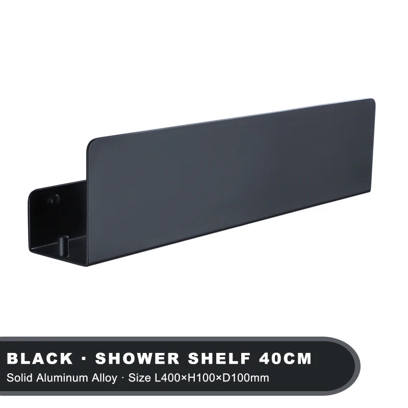 Estante organizador de baño negro con ganchos, estantes de decoración de cocina de aluminio en pared, estante de almacenamiento para ducha, montaje en pared
